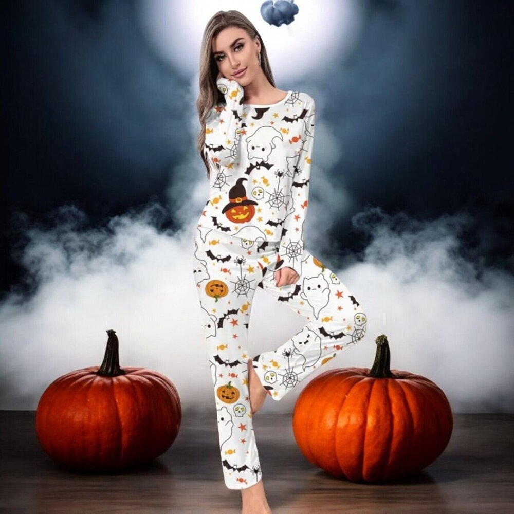 Women's Pumpkin Print Pajama Set – Long Sleeve Crew Neck Top & Elastic Waist